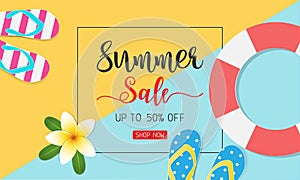 Summer sale concept for discount promotion. Sandals, swim tube, Plumeria flower on colorful background