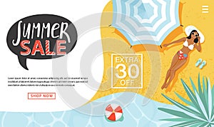 Summer sale concept. Landing page template. Beautiful woman sunbathing, beach umbrella, inflatable rings, sea surface,
