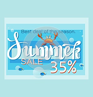 SUMMER SALE with crab and tropical fish. Best deal of the season. Big sale and special offer.