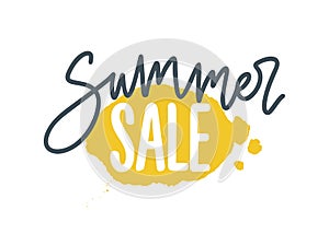 Summer Sale cursive lettering phrase decorated by colored splash on white background. Advertising inscription for