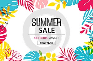 Summer sale with decoration on blue background