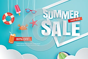 Summer sale with decoration origami on blue sky background. Paper art and craft style