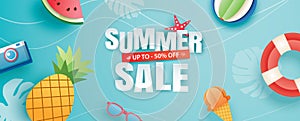 Summer sale with decoration origami on blue sky background. Paper art and craft style