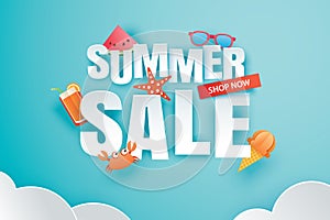 Summer sale with decoration origami on blue sky background. Paper art and craft style. Vector illustration of ice cream,