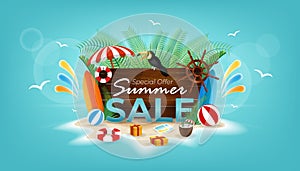 Summer Sale Design with Flower, Beach Holiday Element, Ramphastidae bird and Exotic Leaves on Blue Background