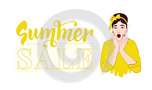 Summer sale design template . Pin up girl wow. Surprised woman. Portrait in retro style