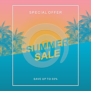 Summer sale design template with sunset tropical beach and coconut trees