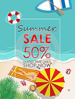 Summer sale discount 50 percent off template banner with beach