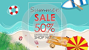 Summer sale discount 50 percent off template banner with beach