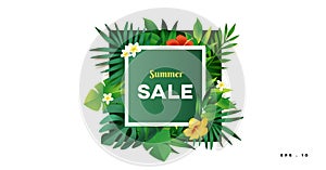 Summer sale discount design background with tropical leaves. Banner with exotic jungle plants. Exotic palm leaves