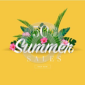 Summer sale discount End of season banner on location beautiful beach background.