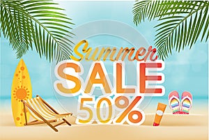 Summer sale discount End of season banner on location beautiful beach background.