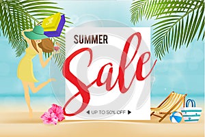 Summer sale discount End of season banner on location beautiful beach background. Can used for gift voucher, poster,advertising s