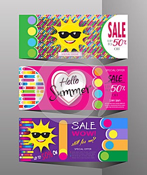 Summer Sale discount vouchers set WOW SALE vector template rainbow kids fashion