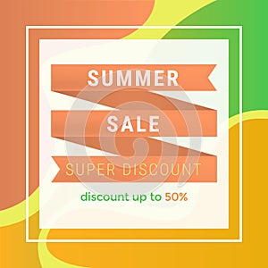 Summer sale flat vector banner template. Super discount offer in square frame, 50 percent lower price advert. Seasonal