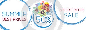 Summer sale Flower banner with text on white background with beautiful flowers. Artistic design vector banners, greeting