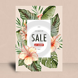 Summer sale with flowers and leaf tropical design