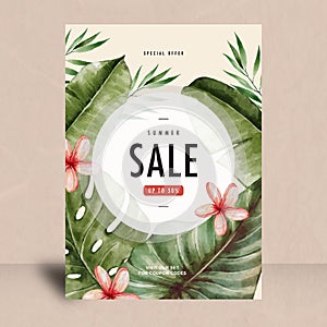 Summer sale with flowers and leaf tropical design