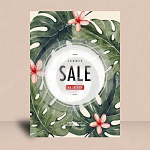 Summer sale with flowers and leaf tropical design