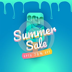 Summer sale flyer, banner or poster design with melting ice cream on blue background, upto 70% off offers.