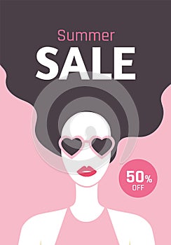 Summer Sale flyer design with beautiful long-haired girl with red lipstic and sunglasses. Stylish young woman. 50% off. - Vector