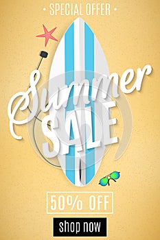 Summer sale flyer. Surfboard on the beach. Sand beach. For your business project. Big discounts. Red starfish and sunglasses. Call