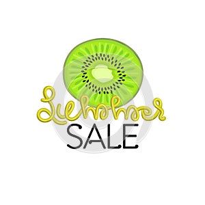 Summer sale. Hand drawn lettering with kiwi. Green tropical fruit. Discount. Shopping. Commerce
