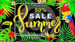 Summer sale horizontal banner with parrot and toucan and tropical flowers and leaves on black background