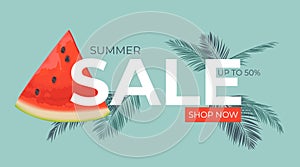 Summer sale horizontal banner, template for ads. Tropical leaves background, exotic floral design. Vector Summer sale banner in