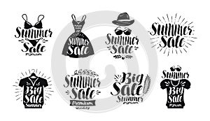 Summer sale, label set. Fashion, boutique, clothes shop, shopping icon or logo. Handwritten lettering, calligraphy