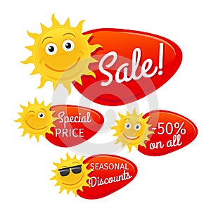Summer sale labels with smiling sun