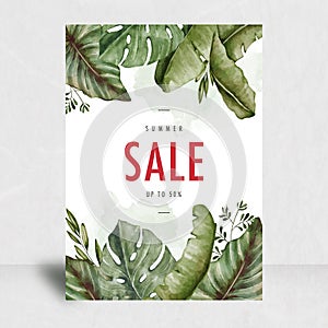 Summer sale with leaf tropical and splash design