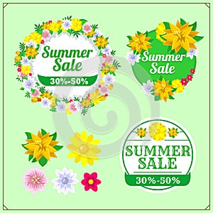 Summer sale logos, emblems and badges. Lettering spring season with beautuful flowers.