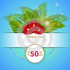 Summer sale, modern web banner design with special discount offer for your business. Poster with palm leaves and red flowers on bl