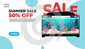 Summer sale, modern web banner in paper cut style for your website with round aquarium with fish