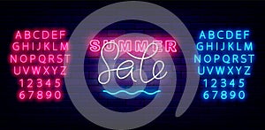 Summer sale neon badge. Season shopping label with sea wave. Shiny blue an pink alphabet. Vector stock illustration