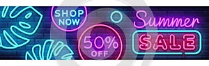 Summer Sale Neon Horizontal Banner Vector. Advertising banner in modern trend design, neon style, bright night