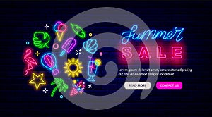 Summer sale neon landing page template. Circle layout with season icons. Special offer flyer. Vector illustration