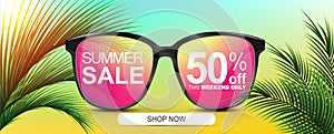 Summer sale 50 off. Discount banner. Sunglasses with colored lenses. Sunshine palm leaves