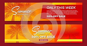 Summer sale offer banner promotion with sunset sun light with palm layout