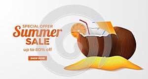 Summer sale offer banner template with 3d realistic coconut drink on the sand beach island