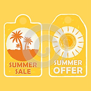 Summer sale and offer with palms and sun signs, yellow drawn lab