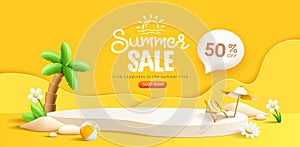 Summer sale podium display banner design, on yellow background, EPS 10 vector illustration