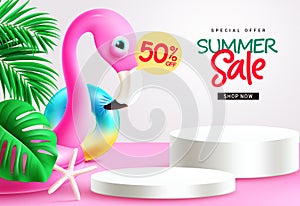 Summer sale podium text vector banner. Summer sale special offer text with pink flamingo floaters beach elements