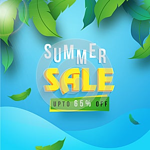 Summer sale poster or banner design with green leaves on blue ba