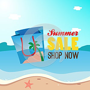 Summer sale poster banner promotion. shopping bag icon with summer beach background design