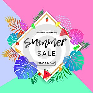 Summer sale poster of fruits and palm leaf vector online shopping banner