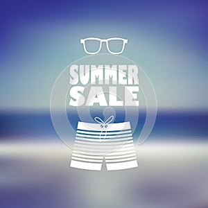 Summer sale poster with man shorts and sunglasses. Beach blurred background flyer for promotion, advertising.