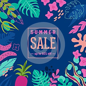Summer Sale poster with tropic leaves and flowers, advertisement banner and tropical background in modern flat style special offer