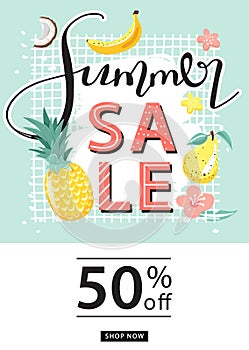 Summer sale promotion poster template. Creative lettering and tropical fruits for seasonal sales.